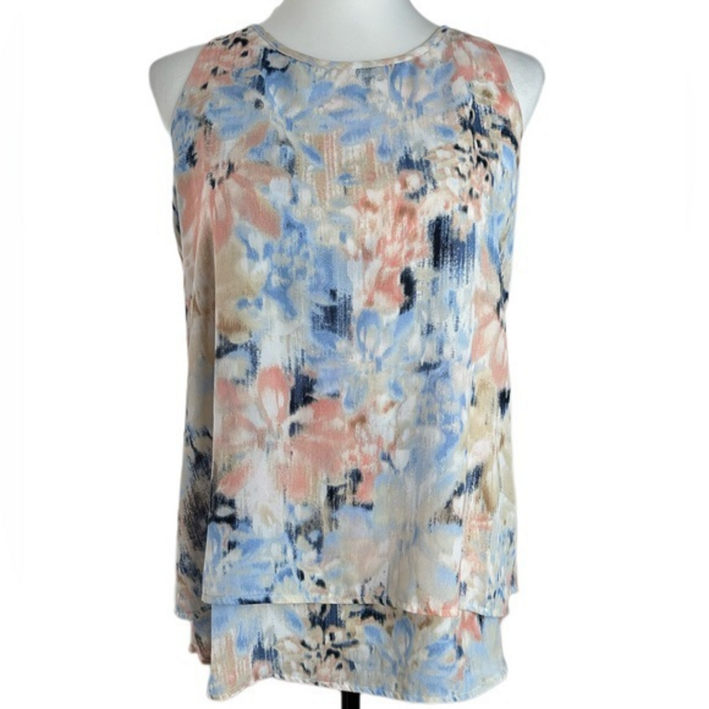Zac & Rachel Floral Sleeveless Layered Split Back Blouse Blue Peach Women Small